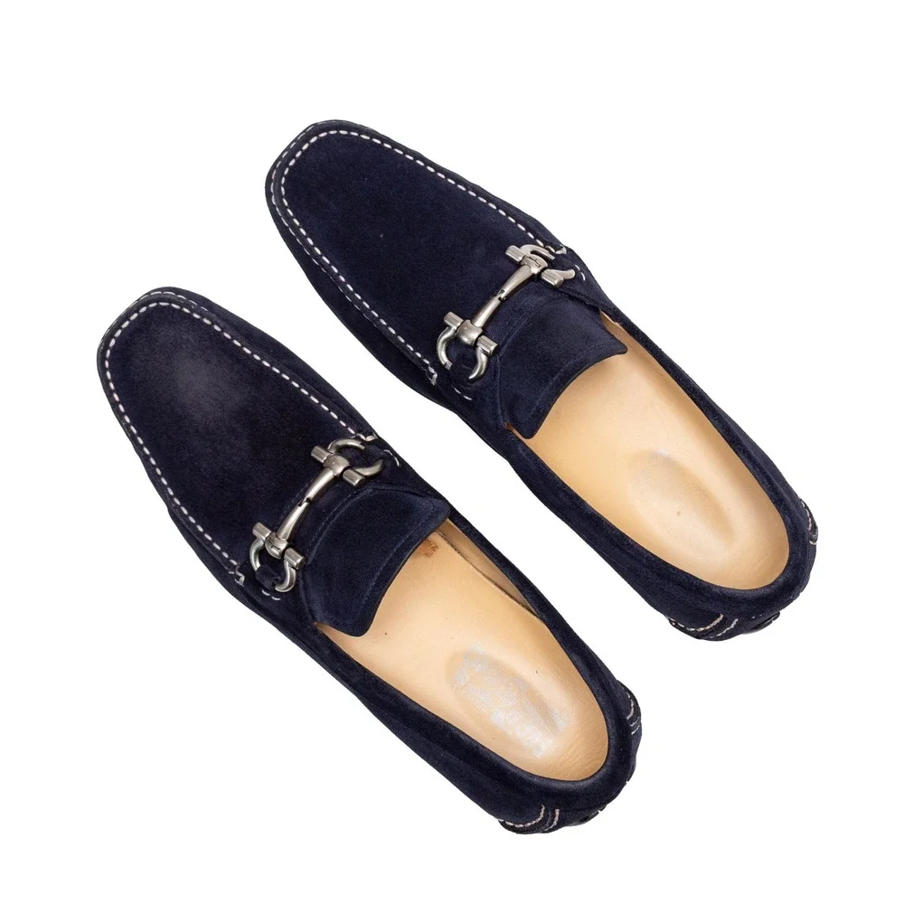 Salvatore Ferragamo Paris Navy Blue Suede Gancini Bit Loafers Mens US 11.5 D